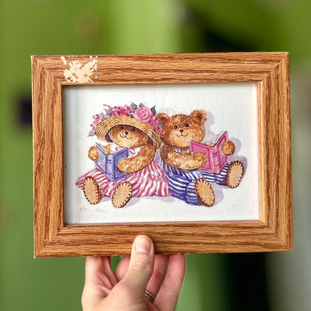 VTG Framed Bears in Florals + Hat Reading Book Cottagecore Wall Sign
